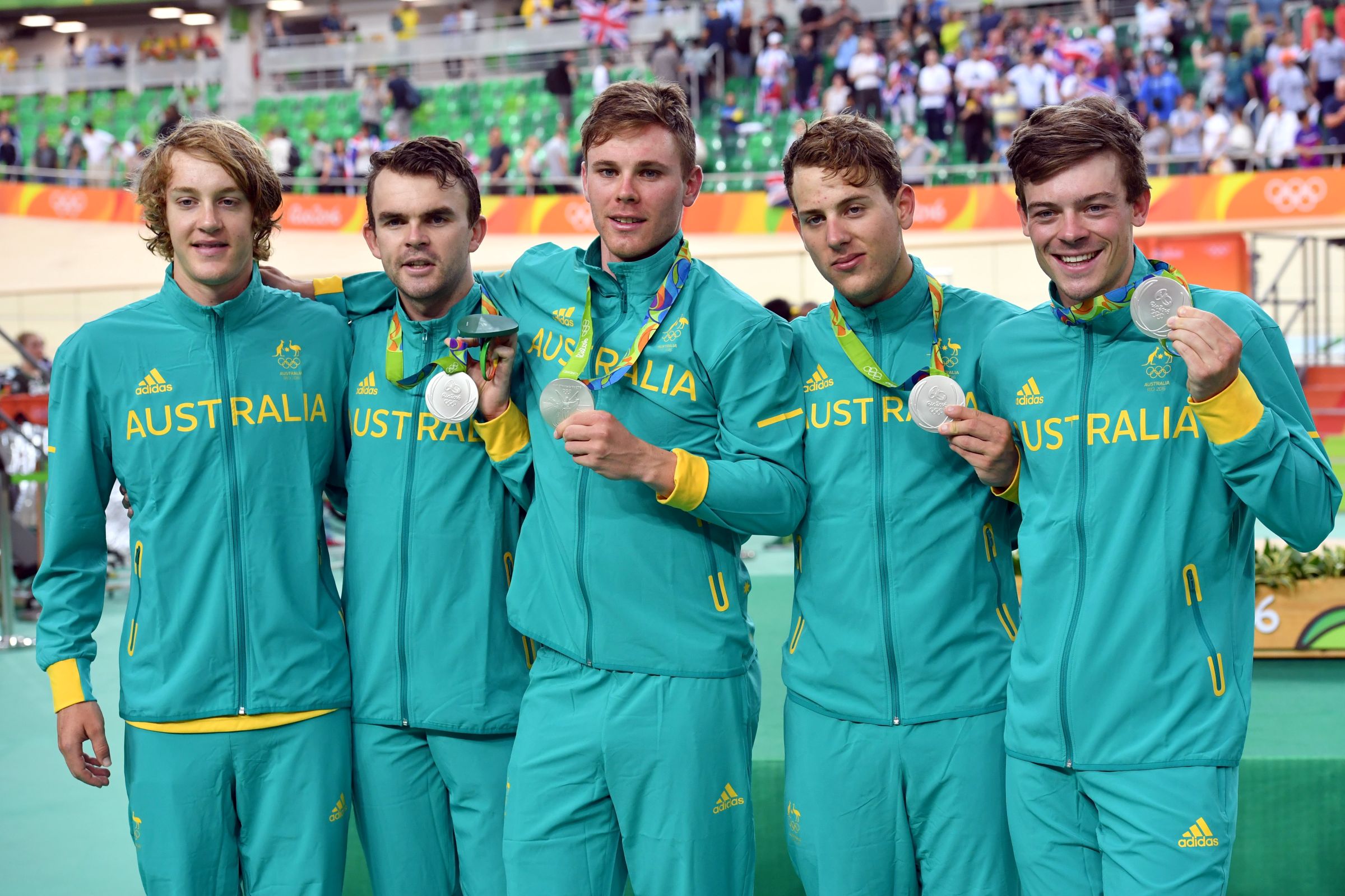 Alex Edmondson, Sam Welsford, Michael Hepburn, Jack Bobridge and Callum Scotson, silver medallists for Australia in the team pursuit at the 2016 Rio Olympic Games. Graham Watson